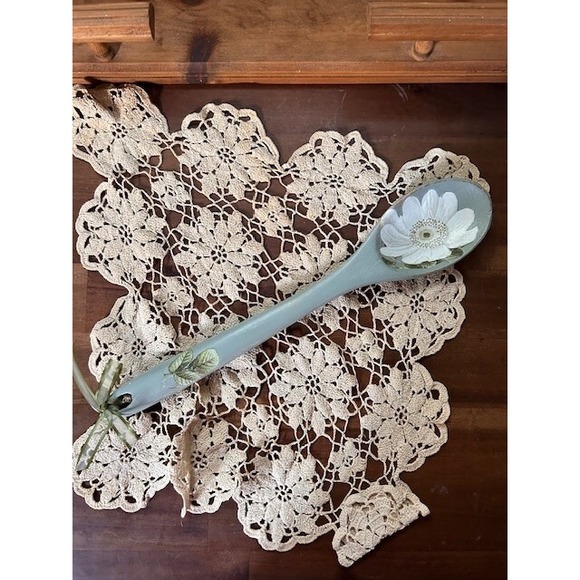 Myself Other - Hand Painted in Duck Egg Blue with Transferware Florals Decorative Wood Spoon